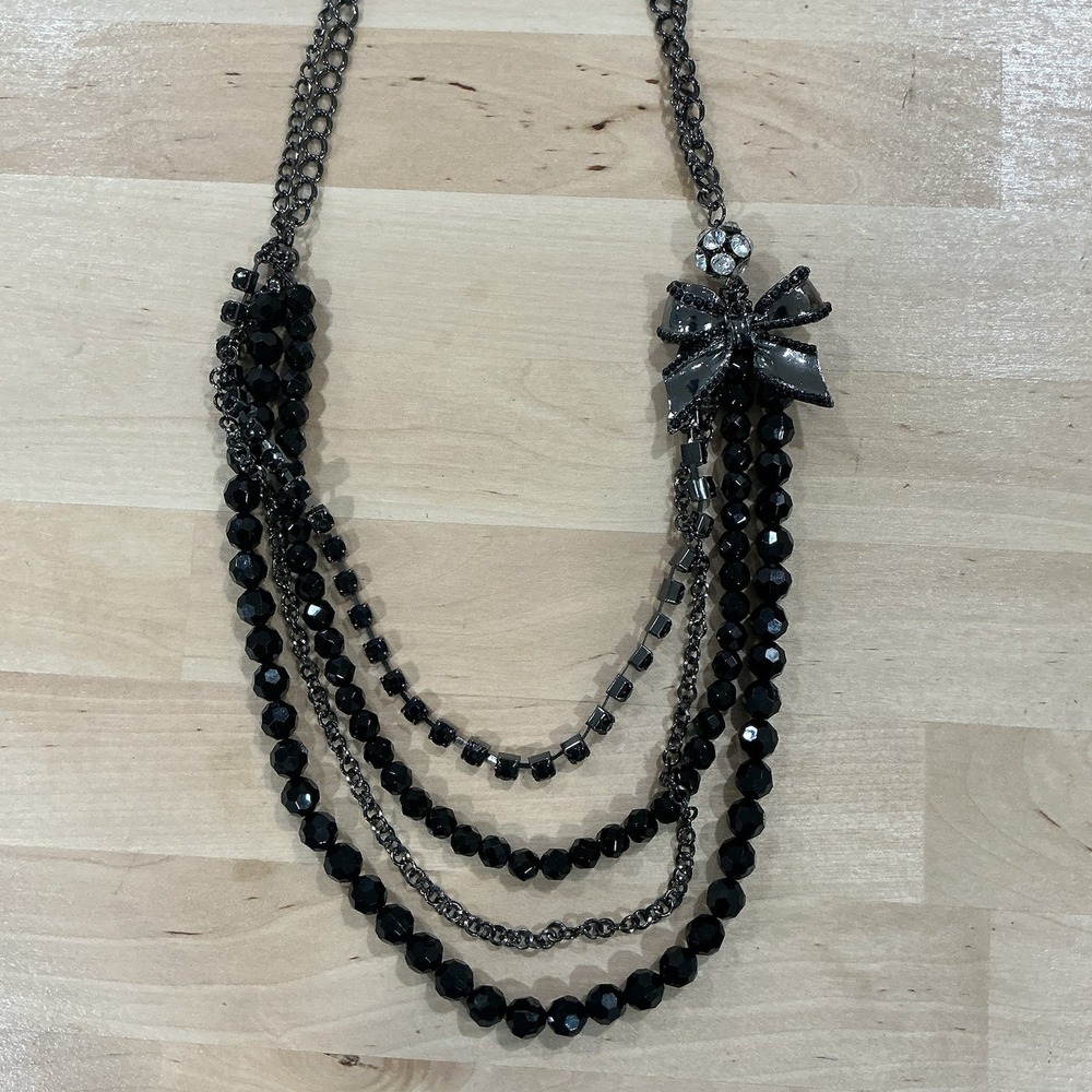 VTG Black Faceted Glass Bead Necklace Multi-Strand Layered Statement Side Bow
